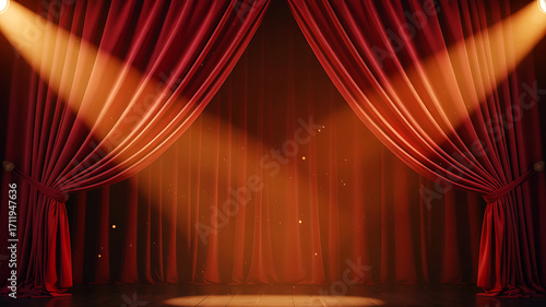 Closed red stage curtains with warm spotlights and dramatic lighting for theater or performance background