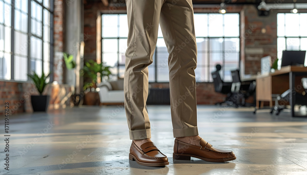 Fototapeta premium Businessman in office, casual trousers, brown shoes, modern interior.
