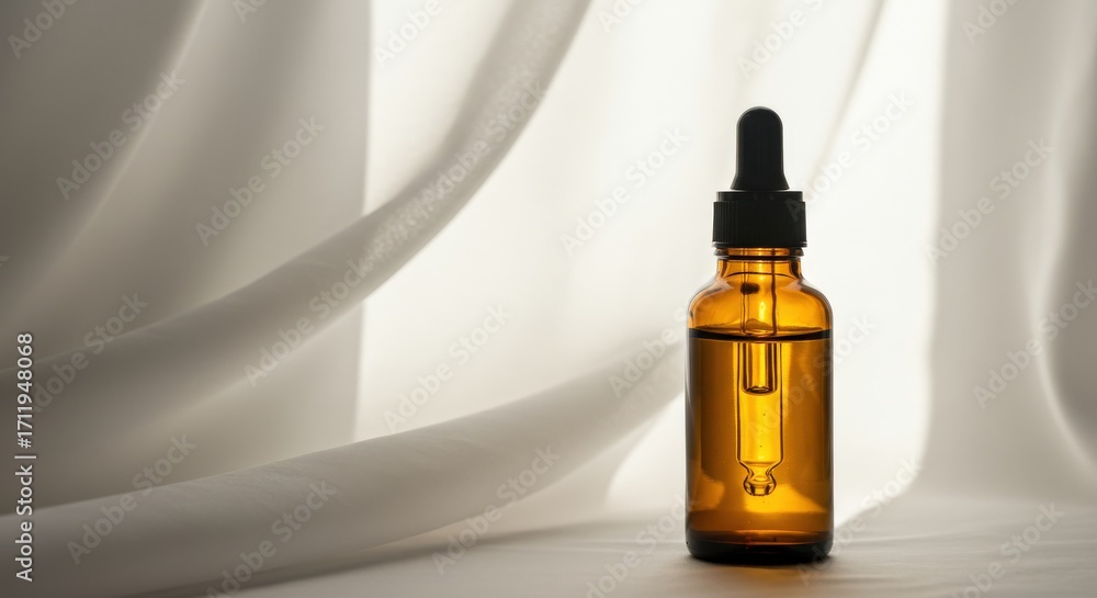 Naklejka premium Amber Glass Bottle with Dropper, Skincare Product, White Background.