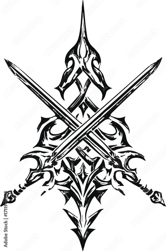 Fototapeta premium Ornate crossed swords with intricate decorative elements silhouette