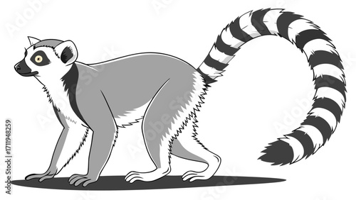 Cartoon Ring-tailed Lemur Adorable Animal Illustration Wildlife Graphic Cute primate Grey and White Fur Striped Tail Jungle Animal Zoo Animal Wildlife Conservation Nature Illustration C.