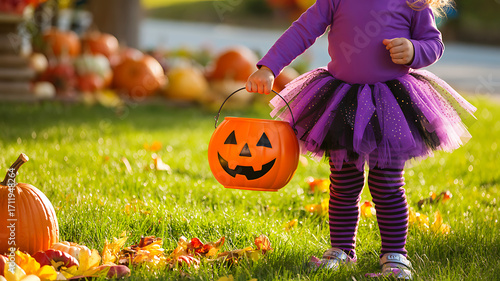 Little girl in purple halloween costume holding jack-o-lantern bucket on green grass surrounded by pumpkins and autumn leaves in bright sunlight