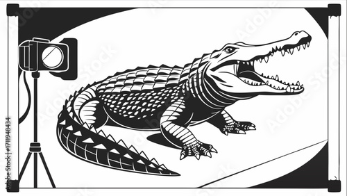Crocodile Photography Studio Shot Black and White Illustration Reptile Wildlife Animal Design Element for Print or Web.