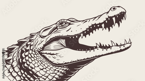 Crocodile Head Detailed Vector Illustration Reptile Wildlife Vintage Style Jaw Teeth Scales Wild Animal Drawing Graphic Design Nature Art Predator Animal Portrait Monochrome Black.