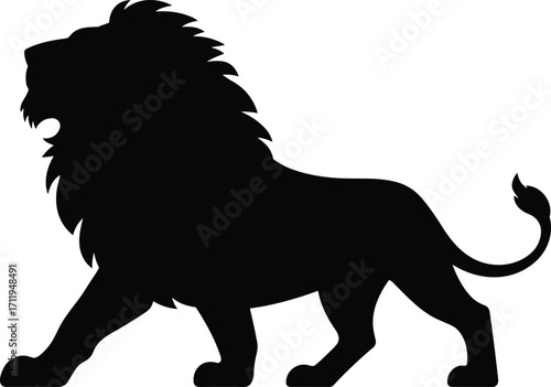 Silhouette of roaring lion walking, wild animal vector, majestic king of jungle, black lion icon, strong feline symbol, nature wildlife design, powerful predator graphic.