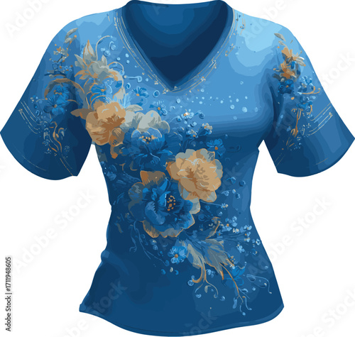 Blue floral print wrap top silhouette with short sleeves