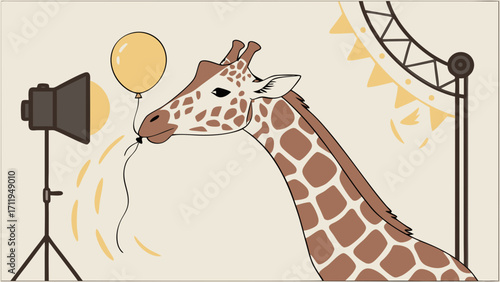 Giraffe photoshoot animal portrait studio lighting balloon cute illustration whimsical design African animal photography backdrop light setup graphic design art print wall decor nurse.