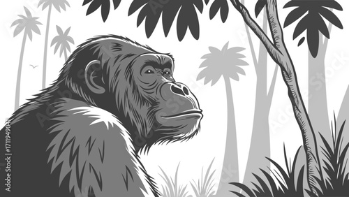 Gorilla in Tropical Rainforest Monochrome Illustration Wildlife Art Primate Portrait.