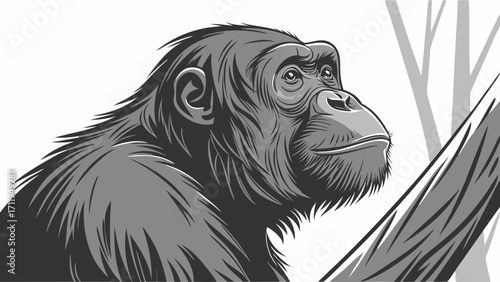 Great Ape Portrait Monochrome Illustration Wildlife Art Animal Design Jungle Creature Primate Image Vector Graphic Black and White Mammal Hairy Animal Symbolic Artwork.