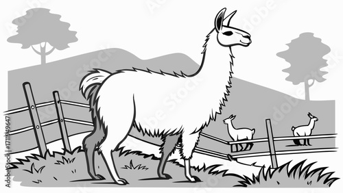 Llama and two cria in a grassy field black and white illustration farm animals countryside scene.
