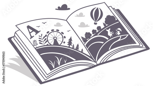 Open book illustration whimsical landscape childrens book design storybook pages vector art fairytale adventure open book graphic reading education literature book illustration fantas.