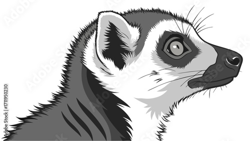 Ring-tailed Lemur Head Profile Monochrome Wildlife Illustration Cute Animal Portrait Grayscale Pet Design Vector Art for Print and Web.
