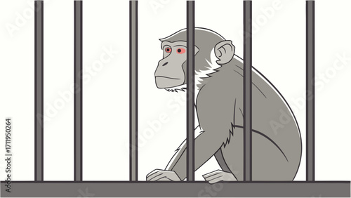 Sad monkey behind bars zoo animal illustration captive primate vector art.