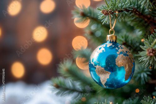 Christmas Tree Ornament Globe – Close-Up of Earth-Shaped Bauble Hanging on Tree