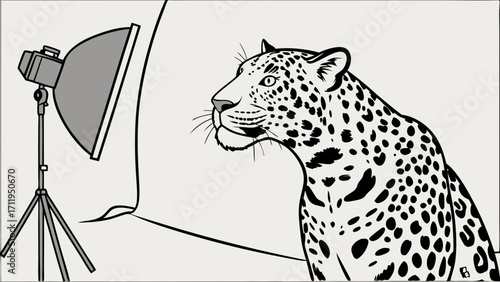 Studio Photography of a Spotted Cat Black and White Illustration Wildlife Art Animal Portrait Big Cat Photo Shoot Setup.