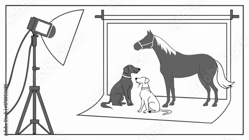 Studio Photography Setup with Horse and Dogs.