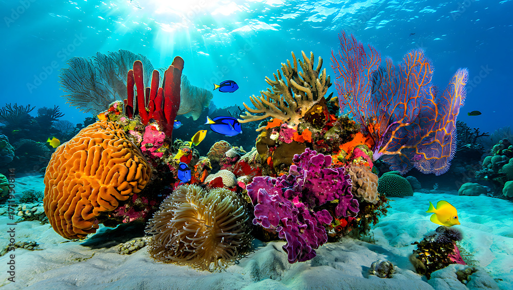 Naklejka premium A vibrant coral reef teeming with colorful fish and diverse marine life under the crystal clear waters of the ocean