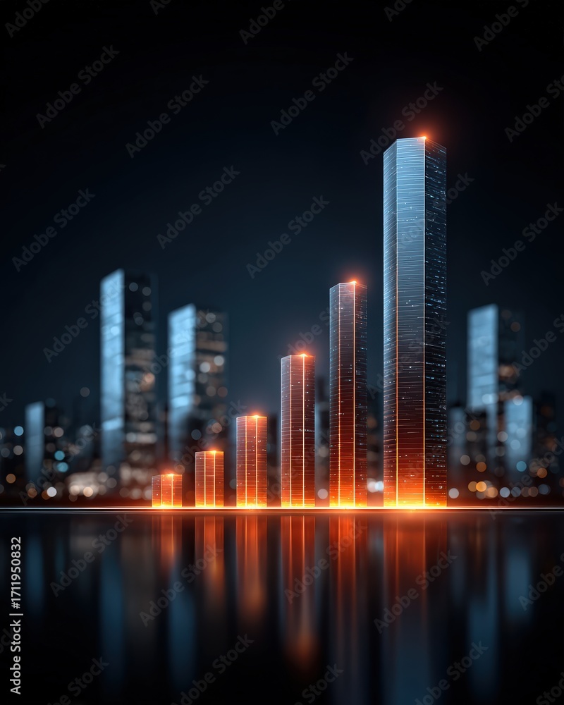 Fototapeta premium Futuristic City Skyline with Abstract Bar Graph Representing Growth and Success in a Digital Environment