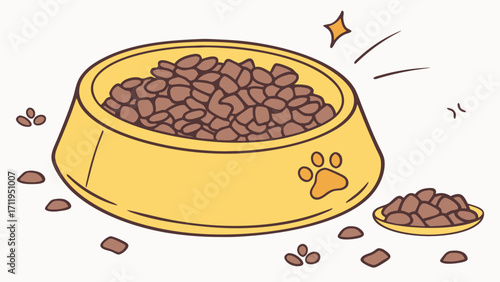 A Yellow Pet Food Bowl Filled with Kibble and a Small Pile of Kibble Beside It.