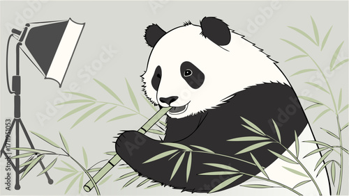 Adorable Panda Bear Eating Bamboo Under Studio Lighting.