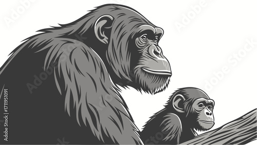 Adult and Baby Chimpanzee Illustration Monochrome Ape Portrait Wildlife Animal Art Great Ape Family Primate Design Vector Graphic Zoo Animal Image Conservation Illustration Endangered Spe.