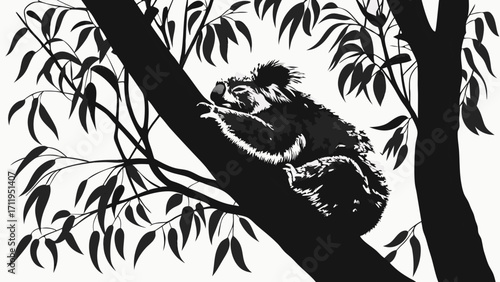 Stylized Koala Bear in Tree Black and White Illustration Wildlife Art Monochrome Animal Print.