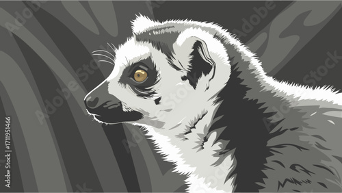 Stylized Lemur Portrait Monochrome Animal Illustration Wildlife Art Grey Scale Jungle Creature Primate Exotic Animal Vector Graphic Nature Design Zoo Animal Cute Lemur Wild Animal Ani.