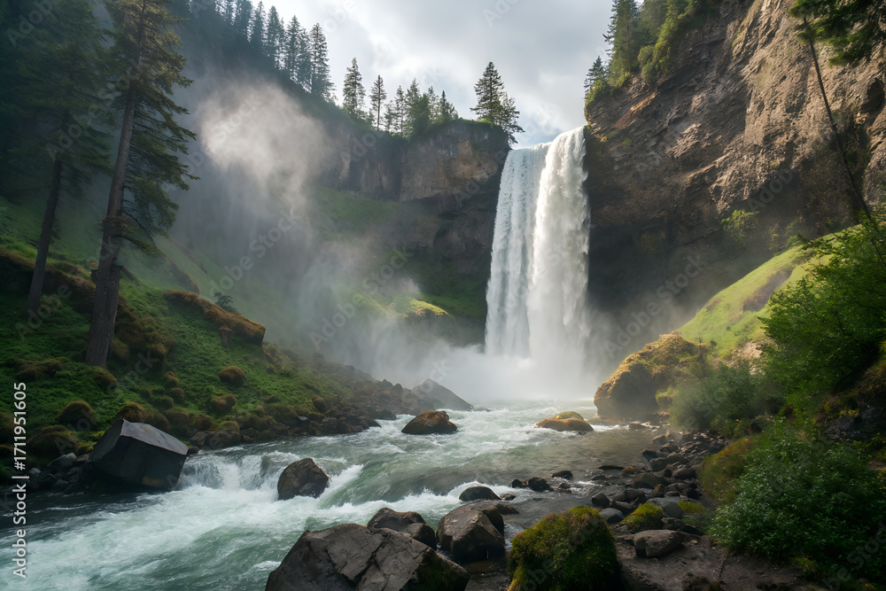 Fototapeta premium Wide waterfall with powerful stream