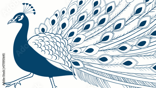 Stylized Peacock Illustration Blue and White Bird Design Elegant Feather Pattern Animal Artwork Decorative Bird Graphic Nature-Inspired Art Print Design Fashion Illustration Textile Desig.
