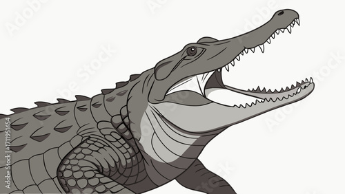 Close-up illustration of a reptile with sharp teeth and scaly skin.