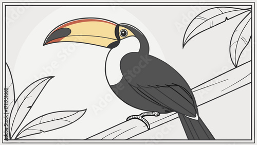 Colorful Toucan Bird on Branch Tropical Bird Illustration Nature Wildlife Artwork.