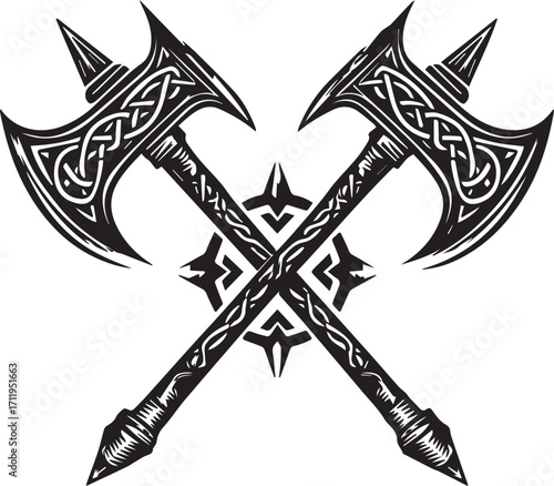 Two ornate battle axes crossed in a silhouette against a white background