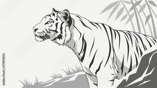 Stylized Tiger Illustration Monochrome Big Cat Design Wildlife Art Nature Graphic Elegant Animal Image.