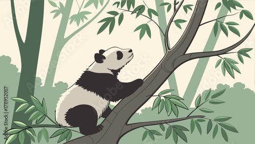Giant Panda Bear Climbing a Tree in a Lush Forest Illustration.