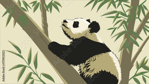 Giant Panda Bear Cub Climbing Bamboo Tree Wildlife Illustration Asian Animal Art.