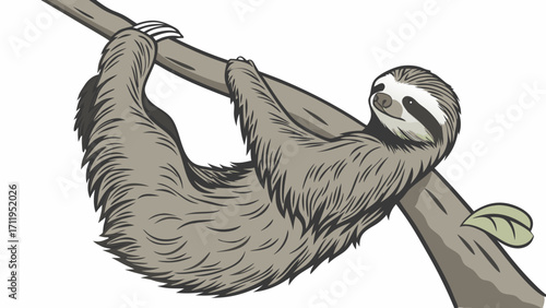 Three-toed Sloth Hanging on Branch Wildlife Illustration Tropical Animal Clipart.