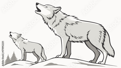 Two Wolves Howling on a Hilltop Gray Scale Vector Illustration Wildlife Art Animal Print.