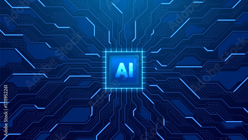 Futuristic concept of AI chip. Abstract technology banner with artificial intelligence CPU and glowing wires and semiconductor on circuit board. Vector illustration with AI CPU.