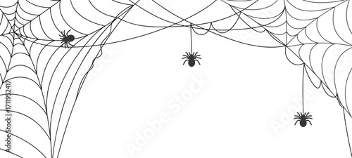 Black and white spiderweb header hanging spider silhouettes and intricate cobweb lines, decorative border for halloween designs, banners, invitations, posters, spooky frame vector illustration.