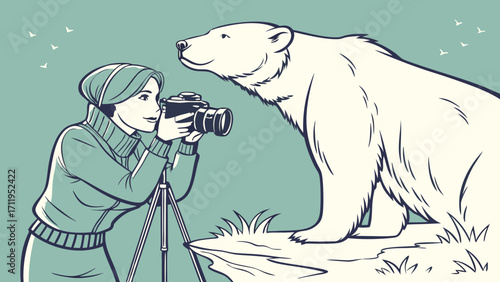 Wildlife Photographer with Polar Bear Nature Photography Camera on Tripod Arctic Animal Illustration.