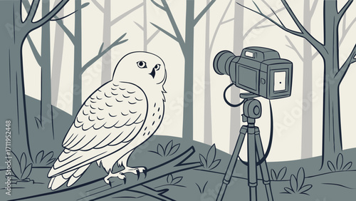 Wildlife Photography Snowy Owl in Forest Camera on Tripod Nature Illustration Bird Watching Digital Art Vector Graphic.