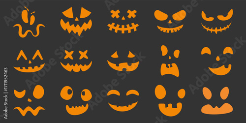 Halloween Jack-O-Lantern faces or pumpkin orange face silhouettes spooky of carved expressions vector icon shapes set isolated on dark background for Halloween holiday party endless seasonal design