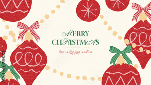 Creative Christmas and New Year banner. Retro Christmas background with balls, garlands and typography design. Contemporary minimalist New Year banner for branding, cover, card, social media