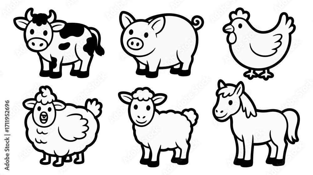Fototapeta premium Adorable farm animals set featuring cow, pig, chicken, sheep, lamb, and horse for kids