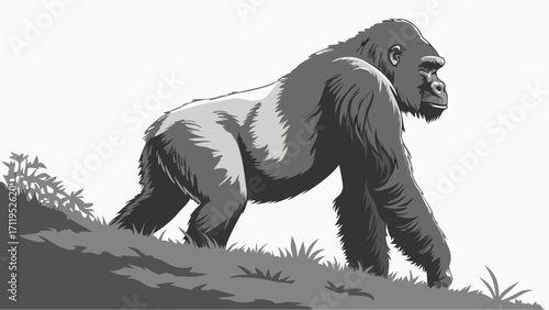 Gorilla walking in the wild grayscale illustration wildlife art primate ape jungle nature animal fauna vector graphic design strong powerful majestic endangered species conservati.