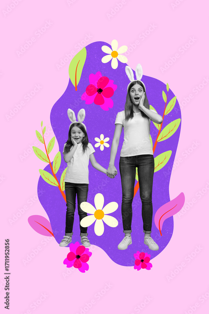 Obraz premium Collage with funny people among colorful flowers symbolizing family parentship friendship love dating romance relationships