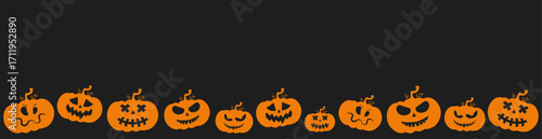 Pumpkin border design row of jackolantern silhouettes and orange cartoon faces on black banner, ideal for halloween background poster party decoration or seasonal vector illustration