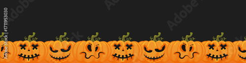 Row of carved jack o lantern pumpkins forming halloween border banner, smiling and spooky faces in bright orange against black background for seasonal decoration and party graphics Vector illustration