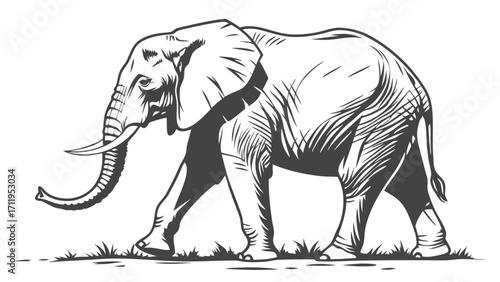 Illustration of an elephant walking monochrome animal drawing wildlife art engraved style safari theme zoology large mammal pachyderm tusks trunk wild animal nature illustration anima.