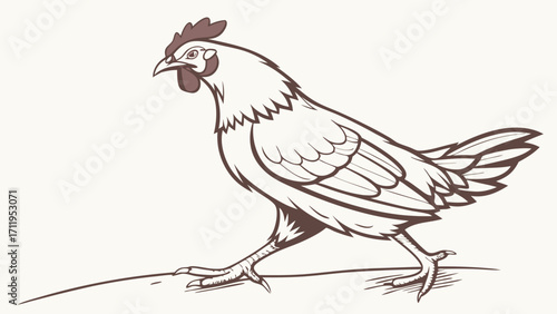 Line art illustration of a hen walking poultry farm animal design vector graphic.